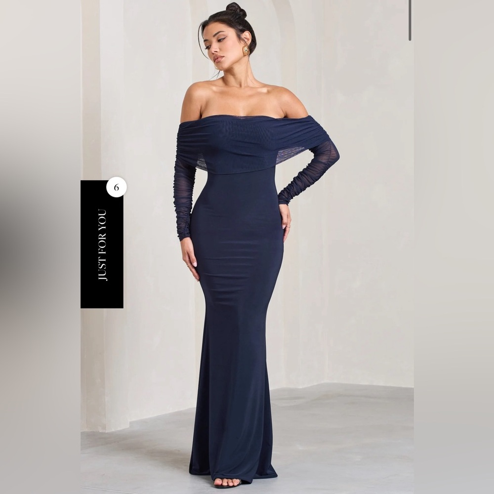 MADELEINE NAVY FISHTAIL MAXI DRESS WITH BARDOT MESH LONG SLEEVES